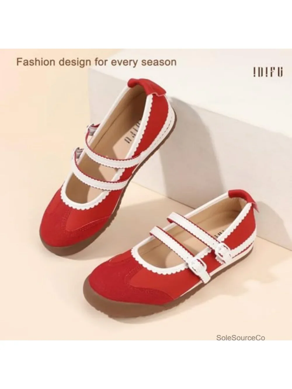 Women's Mary Jane Flats with Scalloped Edge, Non-Slip Rubber Sole, Adjustable